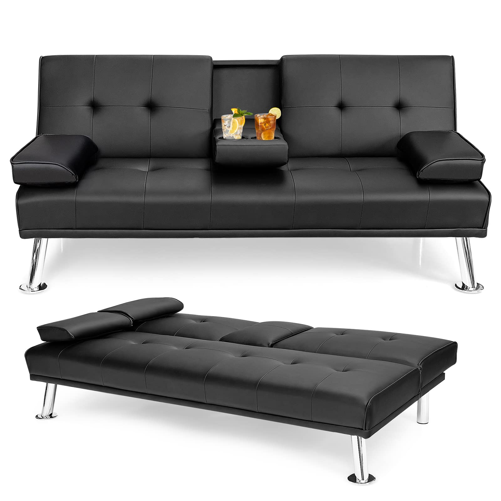 Convertible Futon Sofa Bed with Removable Armrests 2 Cup Holders for Guest