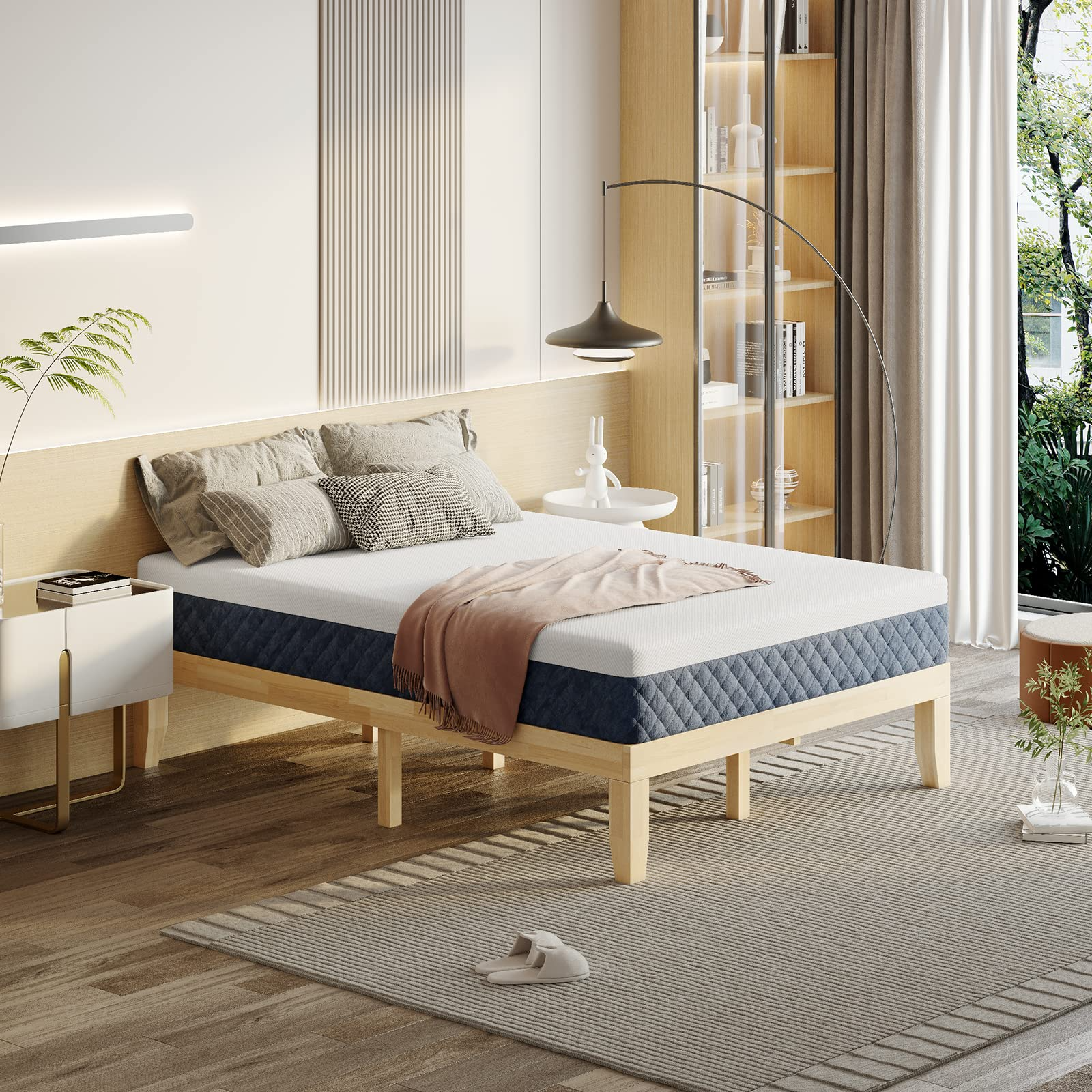 KOMFOTT Bed with 10-Inch Mattress, Solid Wood Platform Bed Frame with Gel Memory Foam Mattress