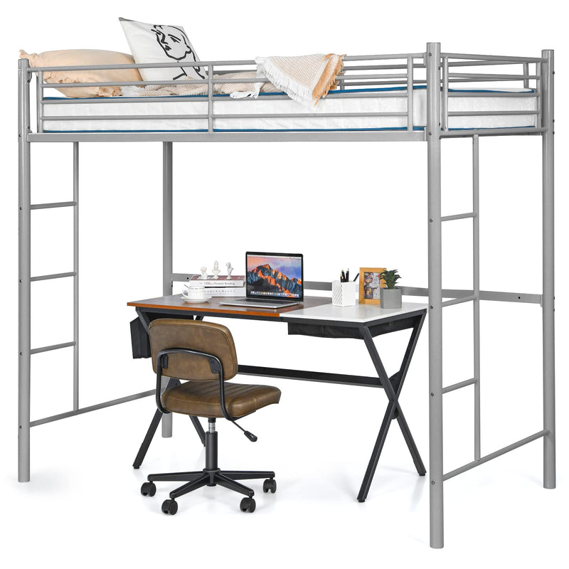 KOMFOTT Metal Loft Bed Frame Twin Size, Heavy-duty Steel Slats Support Loft Bed with Both Side Ladders & Guardrails