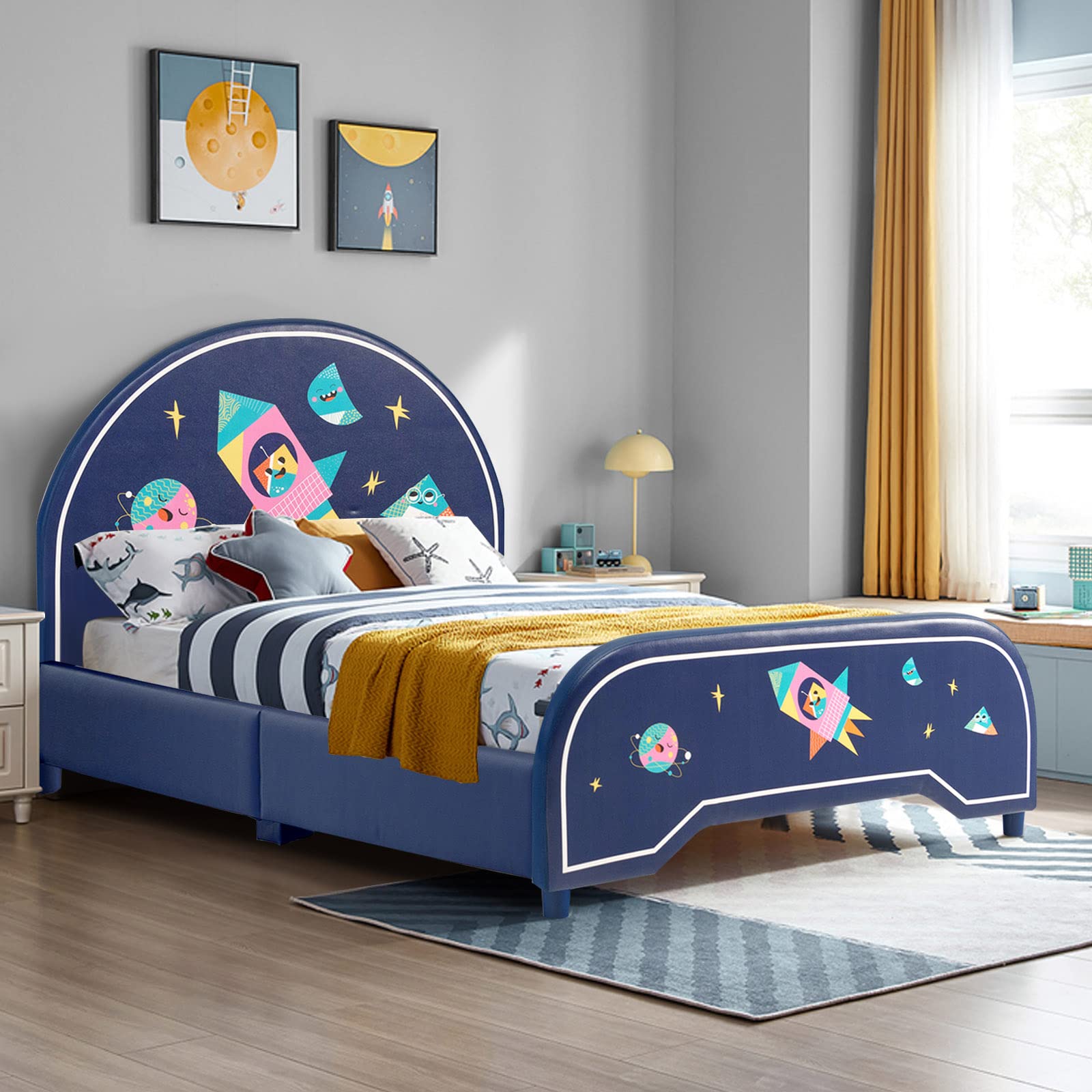 KOMFOTT Twin Bed Frames for Kids, Wood Upholstered Twin Bed Platform with Slat Support, Padded Headboard&Footboard