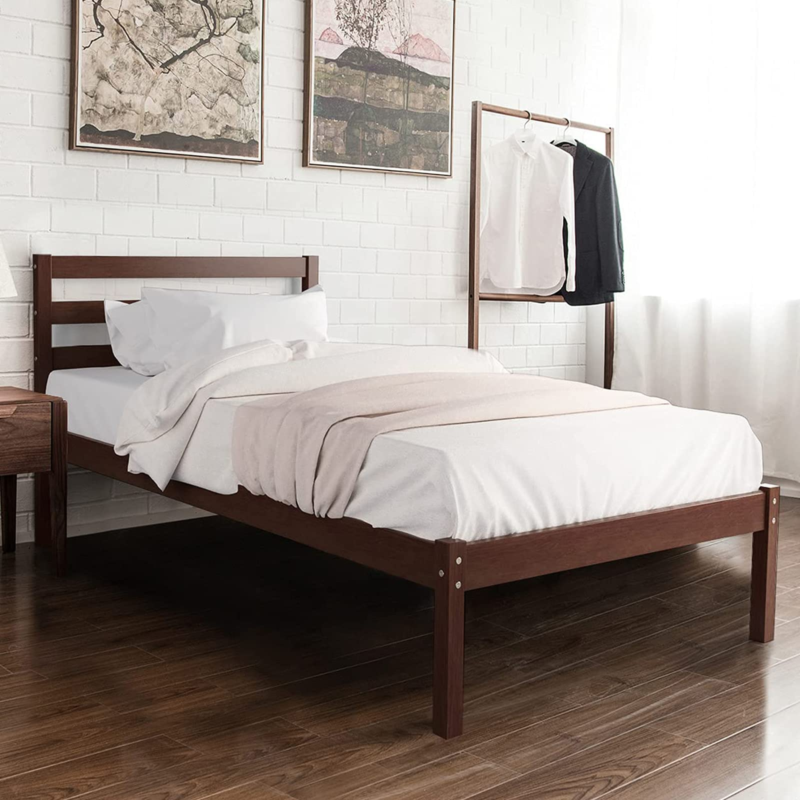 Wood Platform Bed Frame, Paneled Headboard, Wood Slat Support