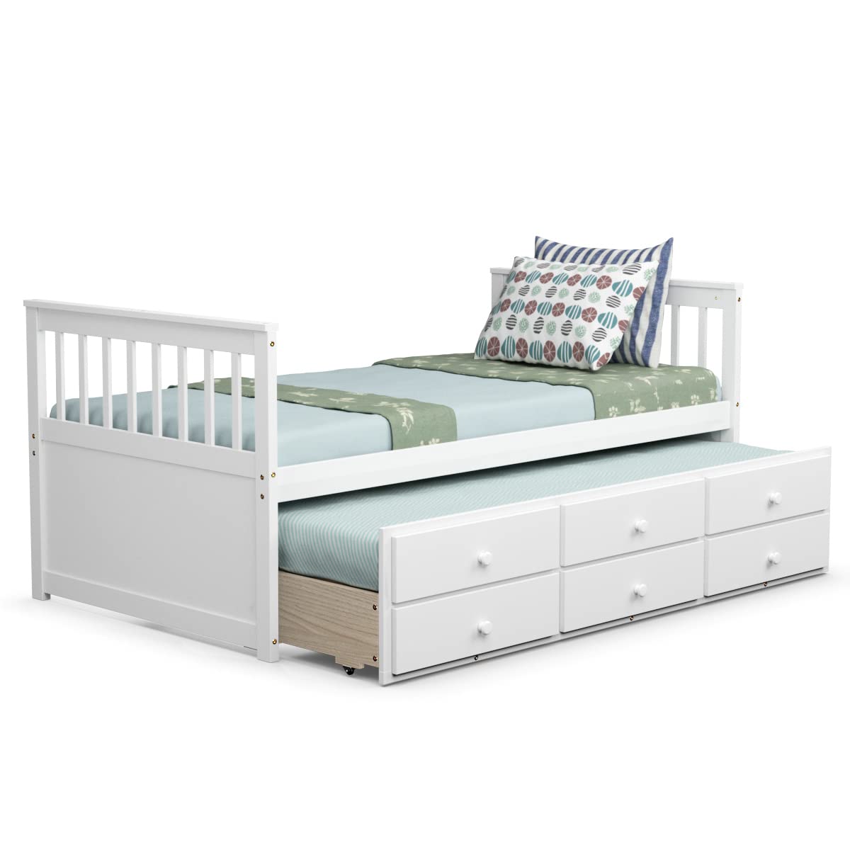 KOMFOTT Twin Size Wooden Captain Daybed with Drawers and Trundle Bed