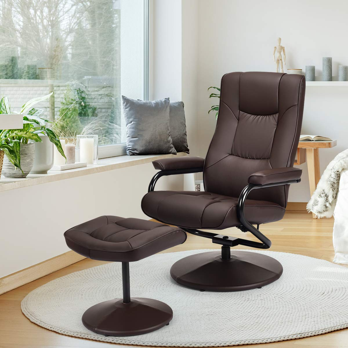 KOMFOTT Recliner Chair w/Ottoman, 360 Degree Swivel PU Leather Armchair w/Footrest