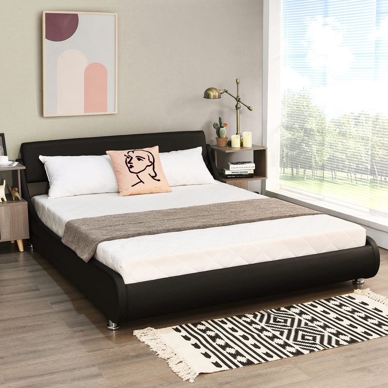 Bed Frame, Upholstered Mattress Foundation with Adjustable Headboard, Faux Leather Platform Bed