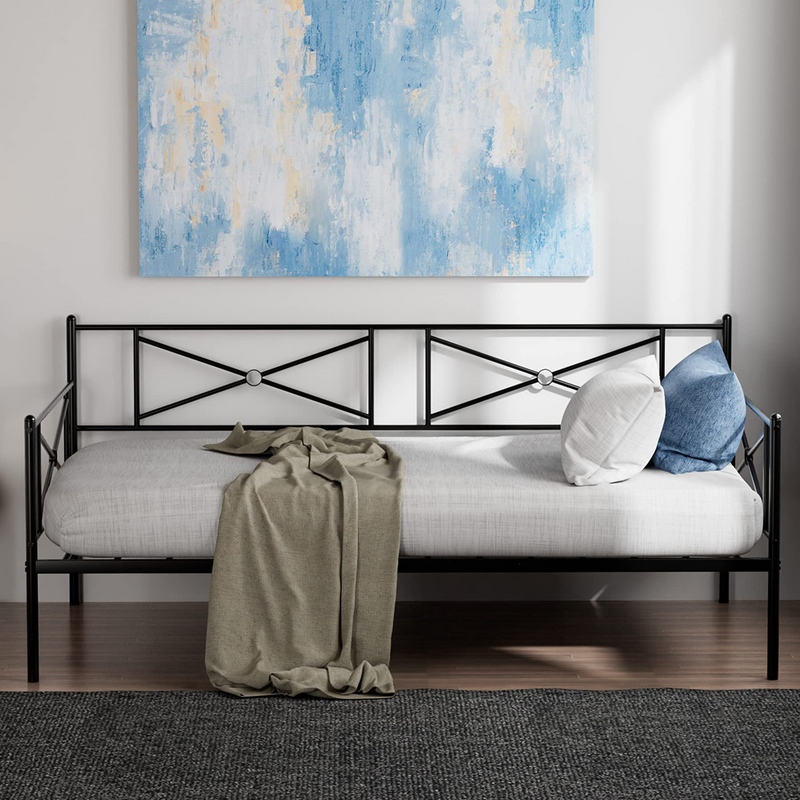 KOMFOTT Metal Daybed Frame, Twin Bed Frame with Steel Slats Support, Sofa Mattress Foundation with Headboard