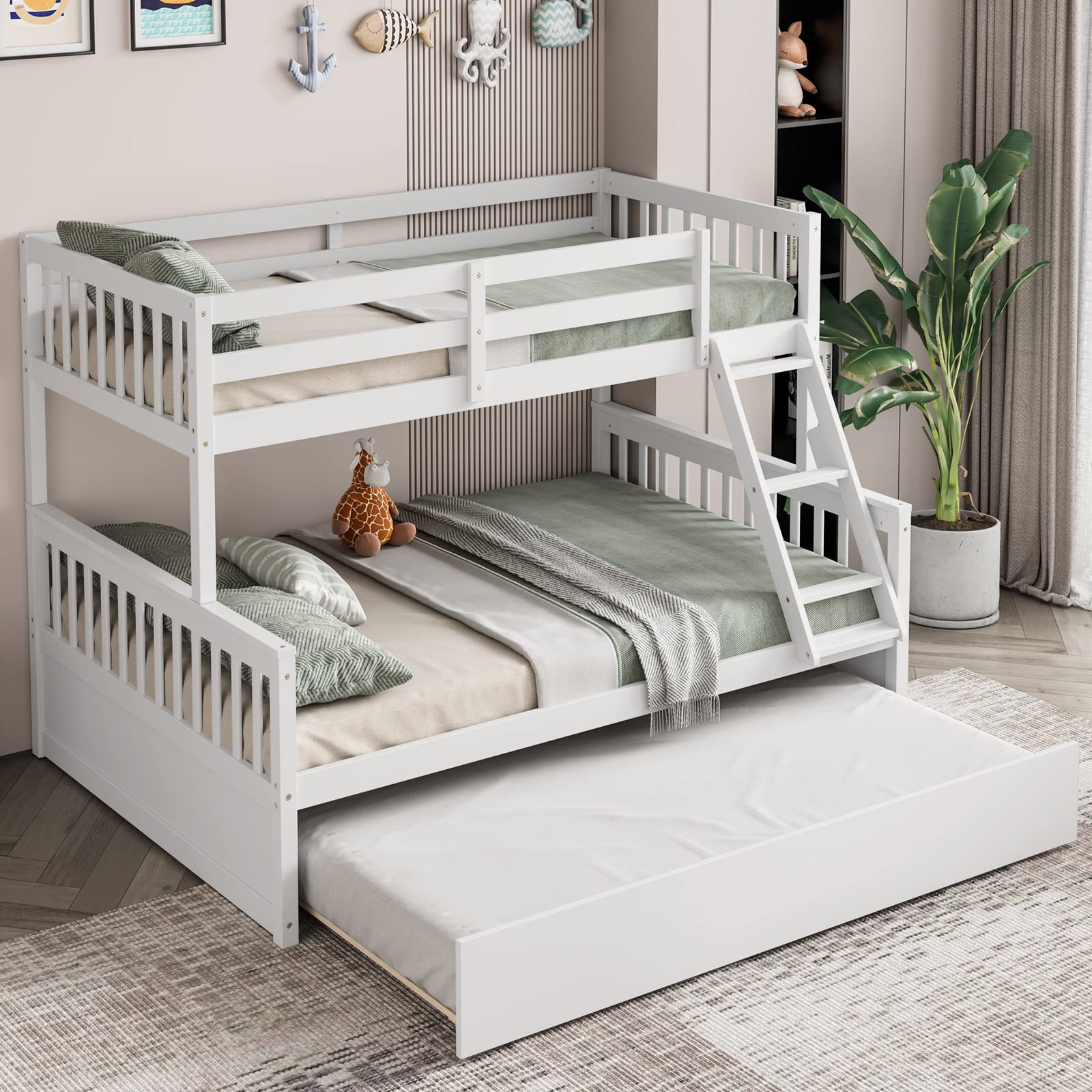 KOMFOTT Wood Twin Over Full Bunk Bed Frame with Solid Pine Wood Frame