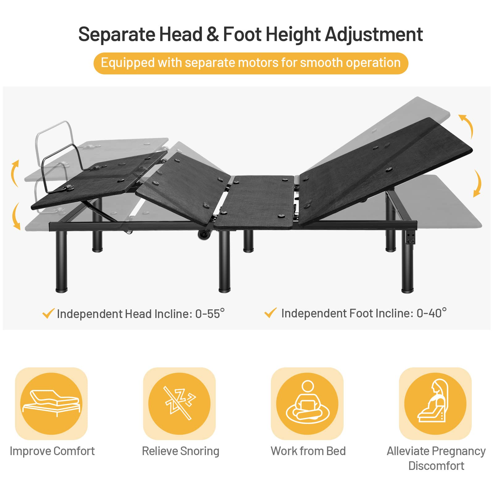 KOMFOTT Electric Bed Frame w/ Dual USB Ports & Under Bed LED Lights Adjustable Head & Foot for Home Dormitory