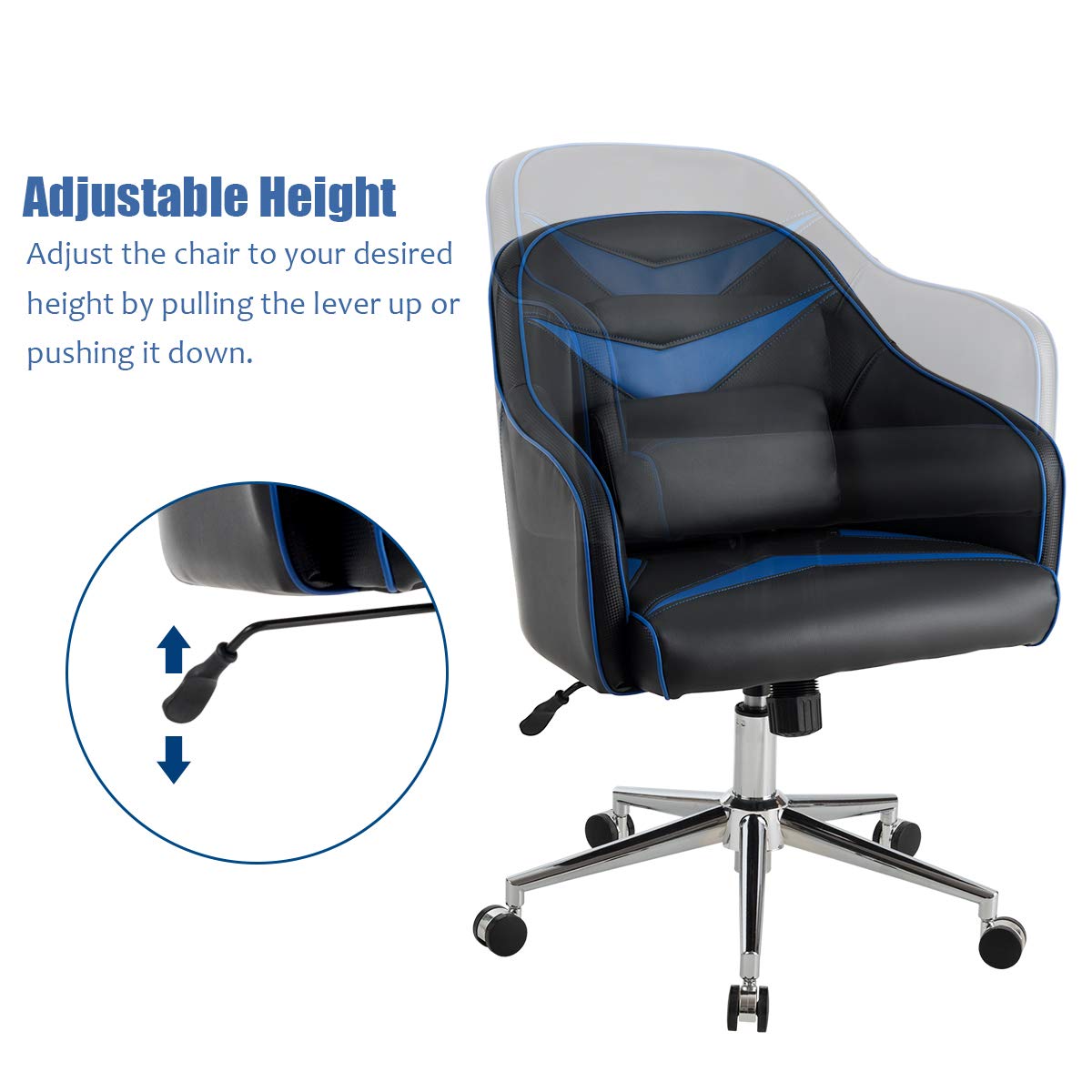 Komfott PU Leather Gaming Chair, Adjustable Height Mid-Back Armchair w/Massage Lumbar Pillow