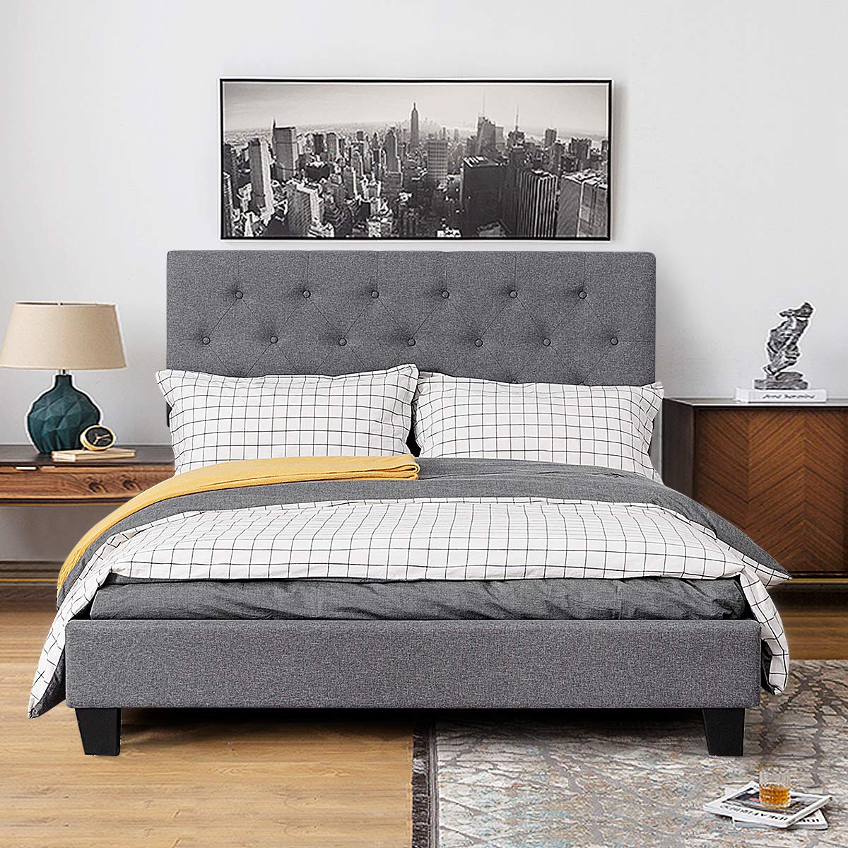 Shalini Upholstered Panel Platform Bed, Diamond Stitched Linen Panel Headboard