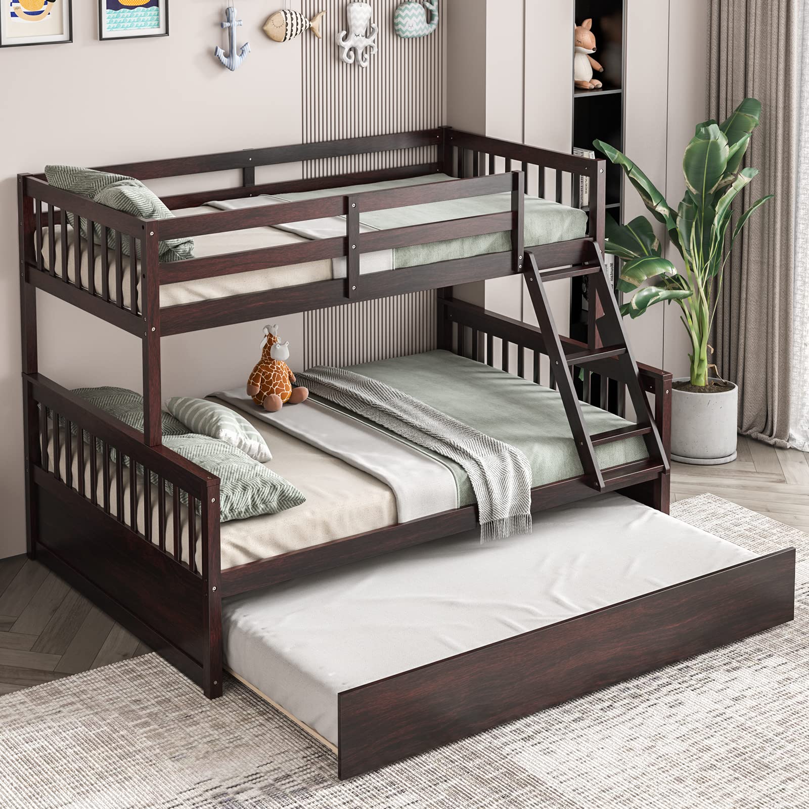 KOMFOTT Wood Twin Over Full Bunk Bed Frame with Solid Pine Wood Frame