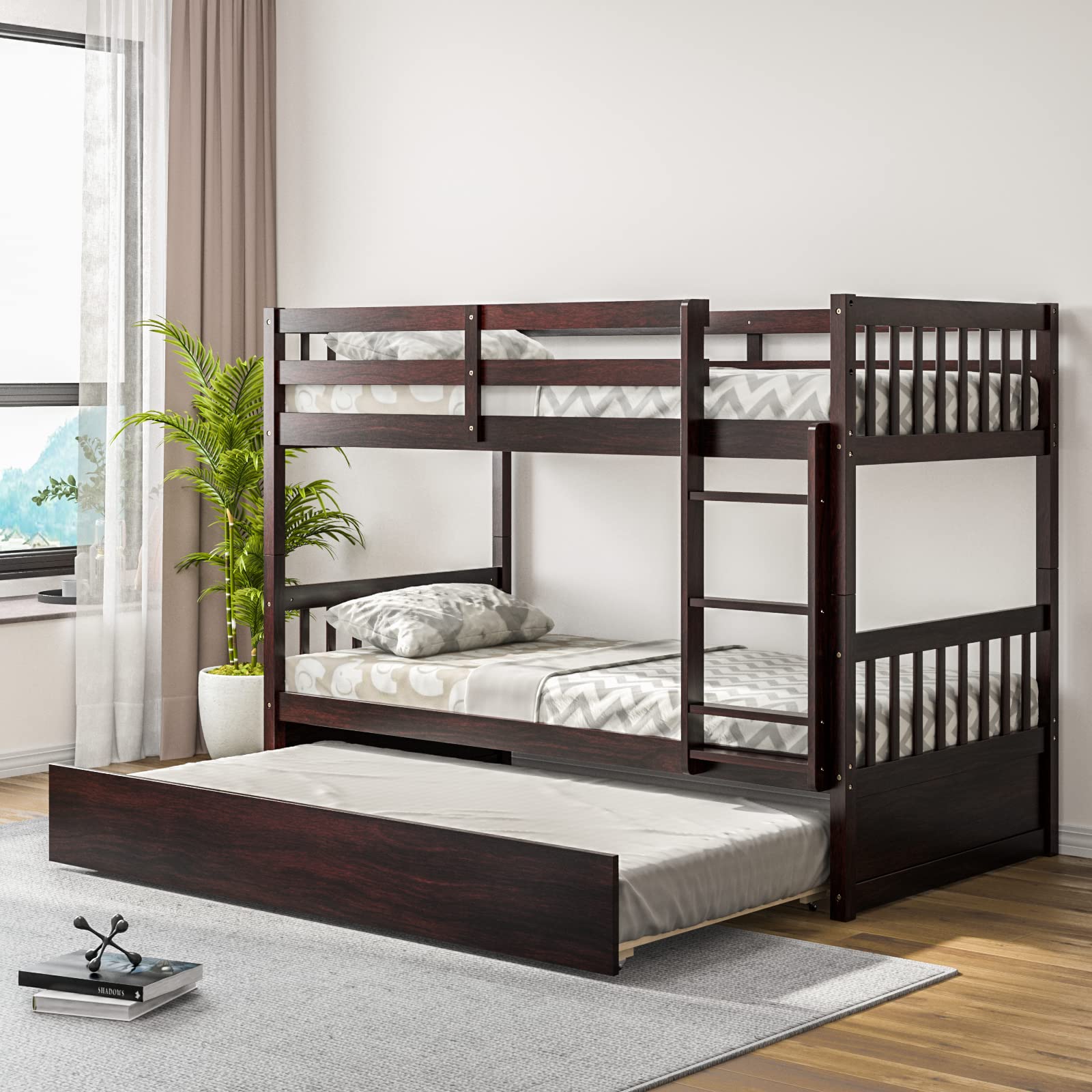 KOMFOTT Wood Bunk Bed with Trundle Twin Over Twin, Solid Pine Wood Bunk Bed Frame