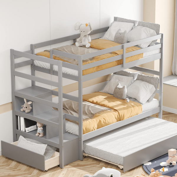 KOMFOTT Twin Over Twin Bunk Bed with Trundle & Staircase, Wooden Bunk Bed Frame with Storage Shelves & Drawer ( Grey) 