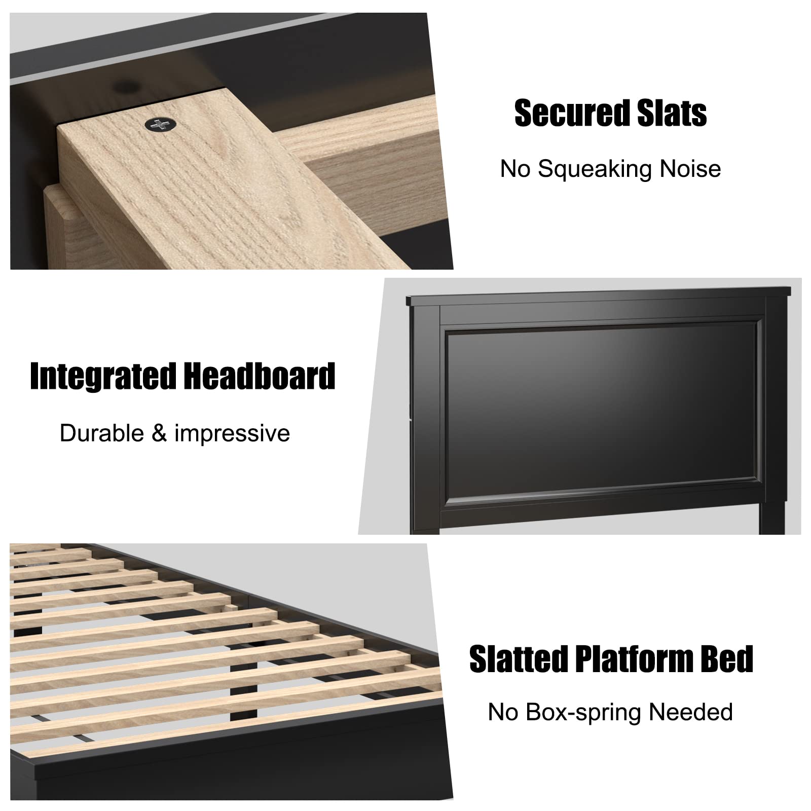 KOMFOTT Wood Platform Bed Frame with Headboard, Wooden Slat Support & Under Bed Storage