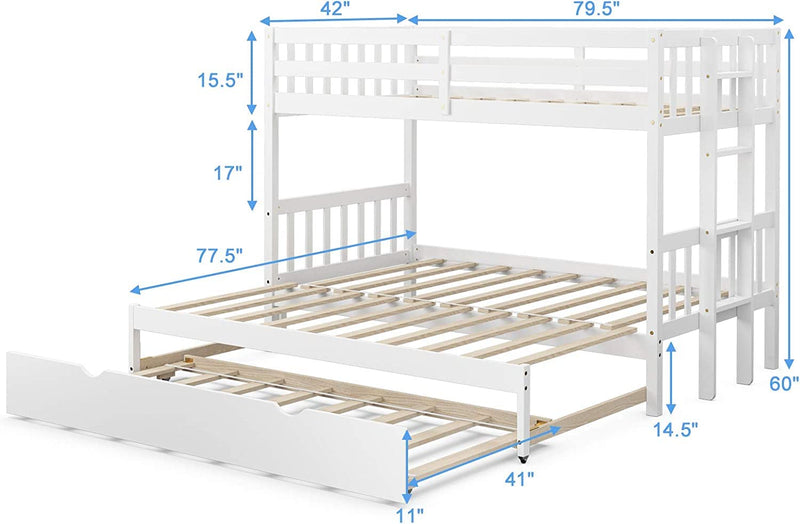 KOMFOTT Twin Over Pull-Out Bunk Bed with Trundle,  Solid Wood Bunk Bed with Ladder and Safety Rail