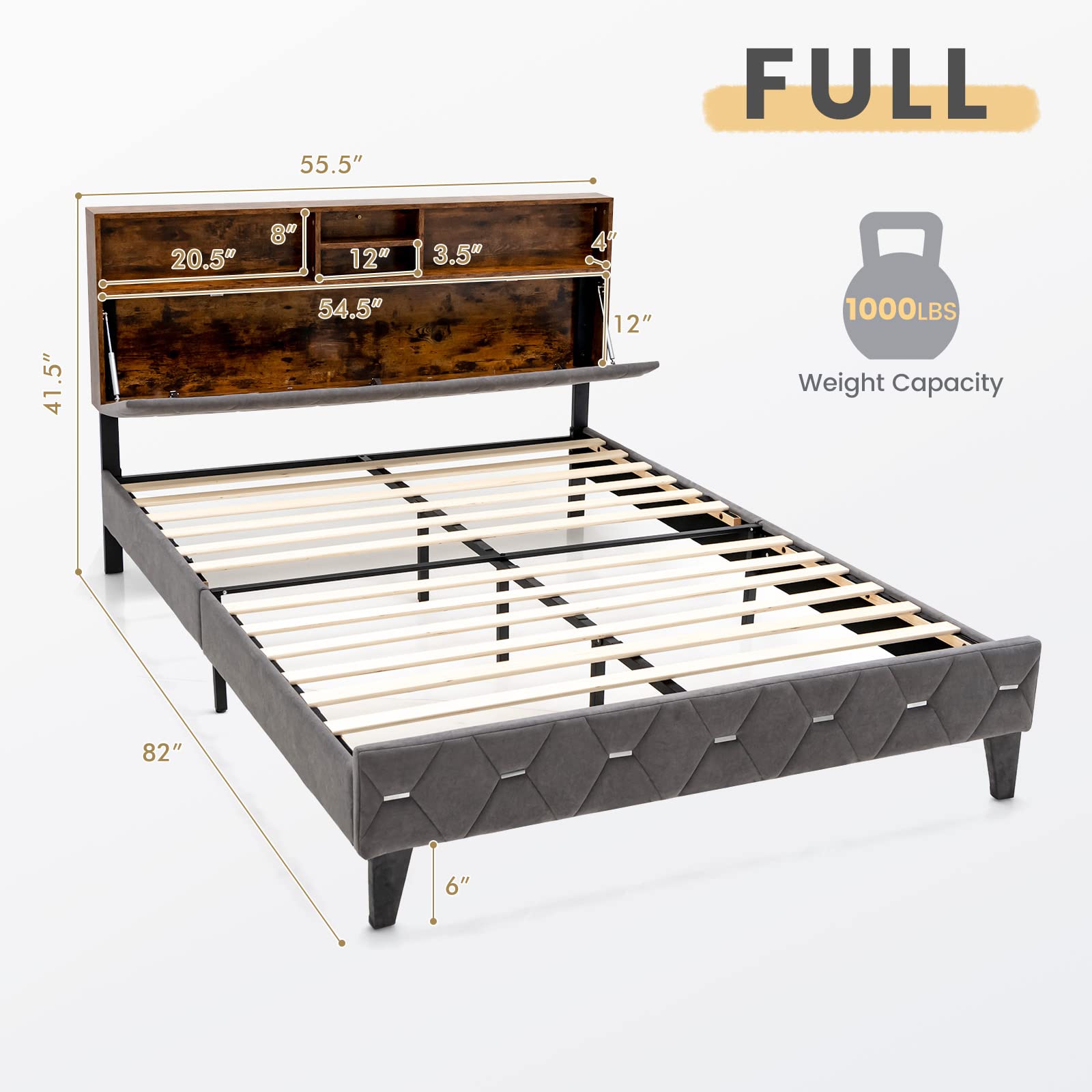 KOMFOTT Upholstered Full/Queen Bed Frame with Storage Headboard, Platform Bed Frame