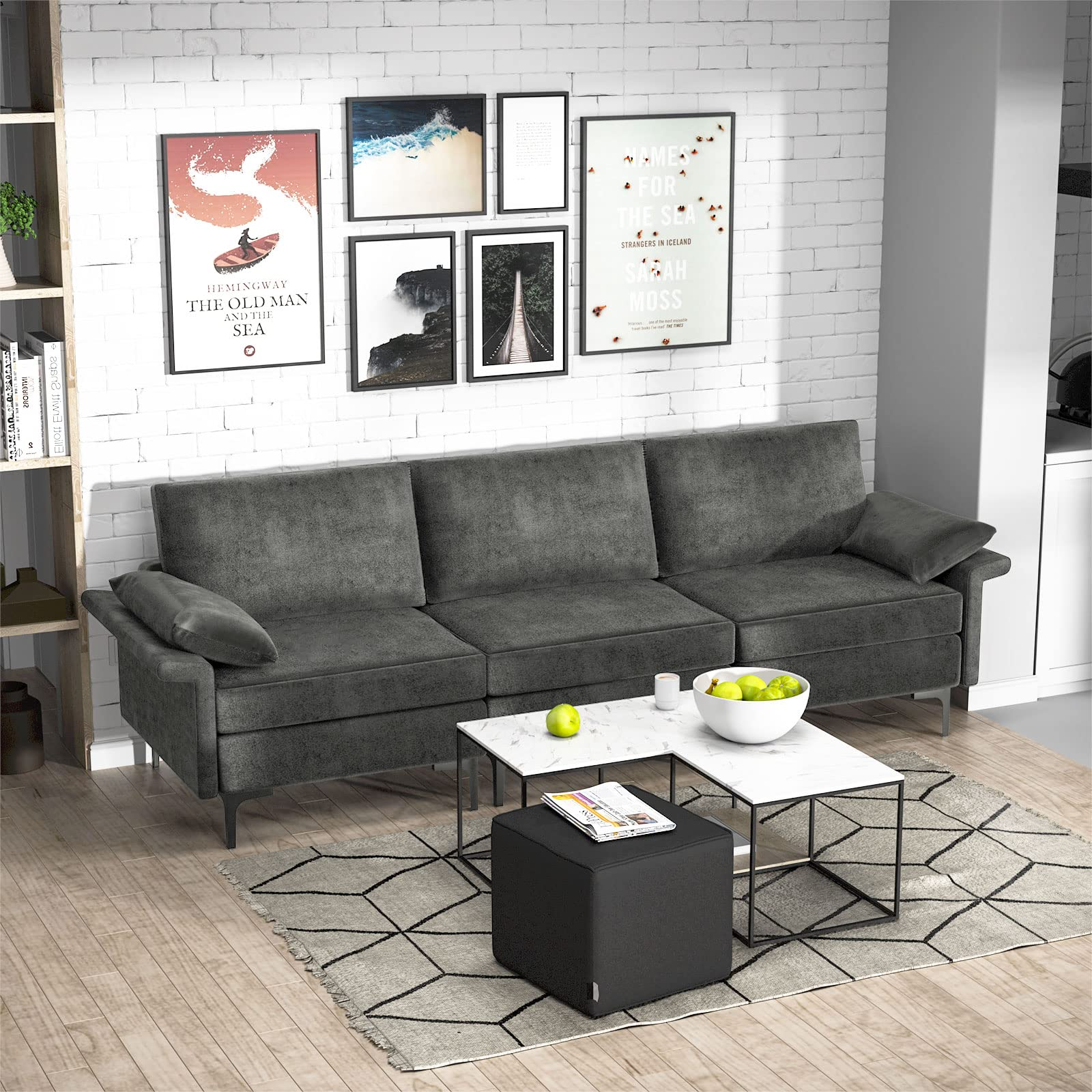 KOMFOTT 100.5 Inch Large Sectional Sofa, 3 Seat Couch with 3-Hole Outlet & 2 USB Ports