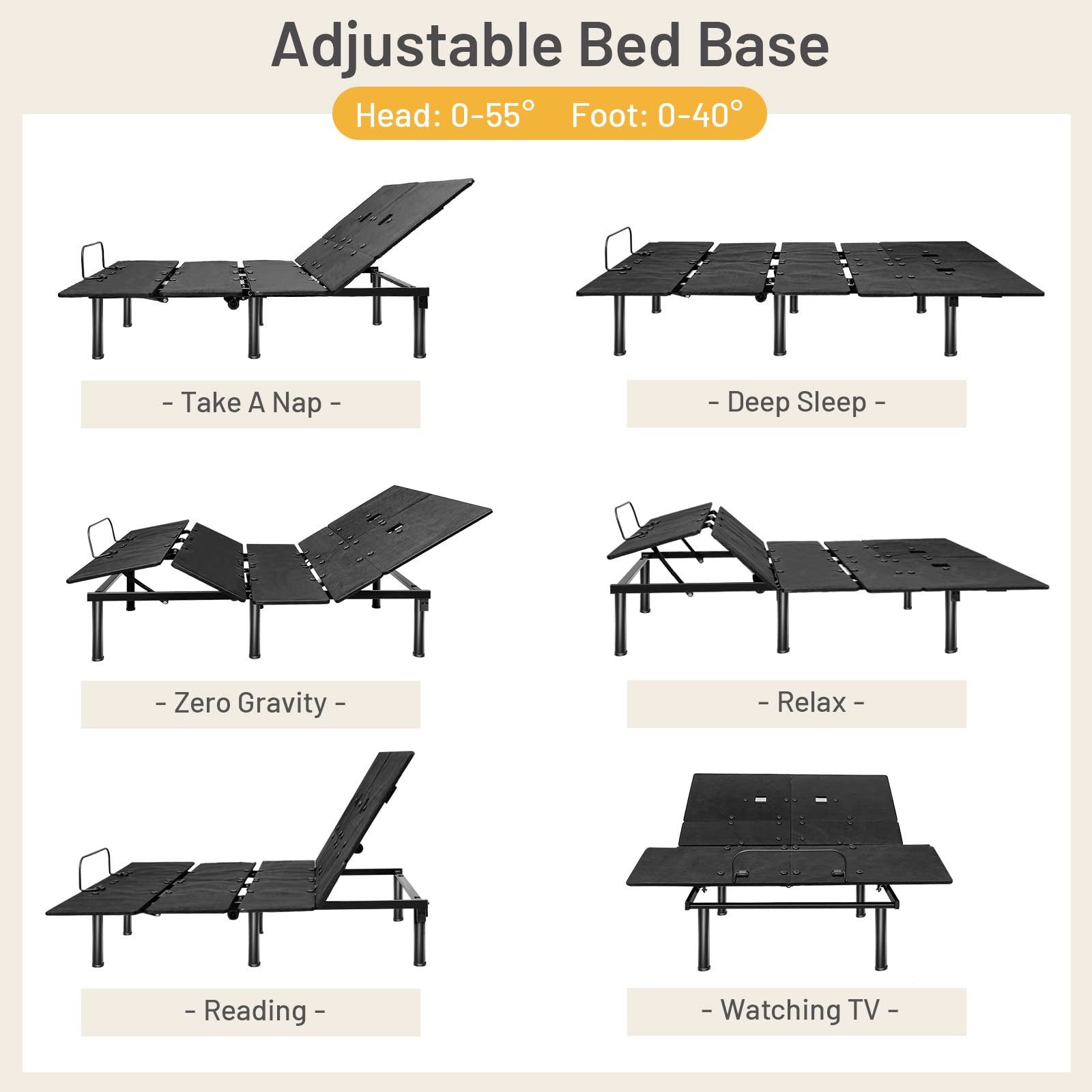 KOMFOTT Electric Bed Frame w/ Dual USB Ports & Under Bed LED Lights Adjustable Head & Foot for Home Dormitory