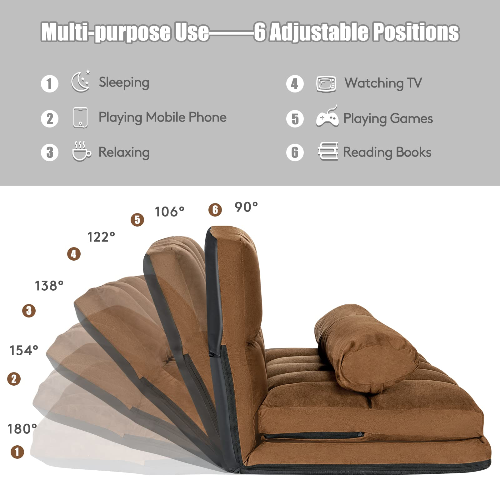 KOMFOTT Various Colours Available 6-Position Adjustable Floor Sofa with 2 Pillows