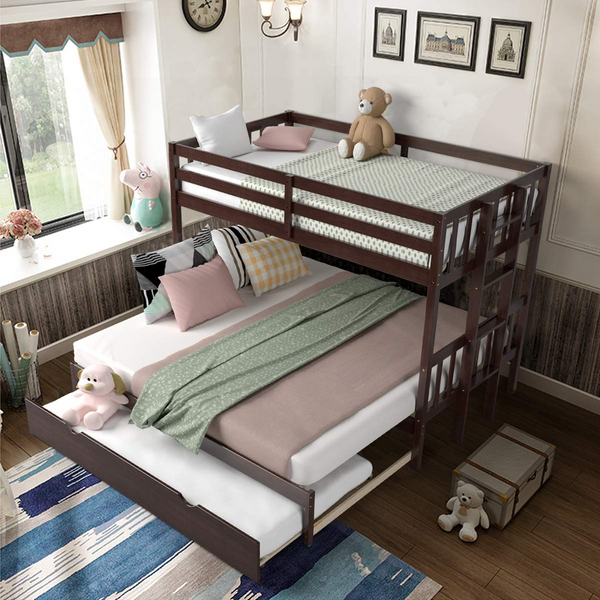 Over Pull-Out Bunk Bed with Trundle, Solid Wood Bunk Bed with Ladder