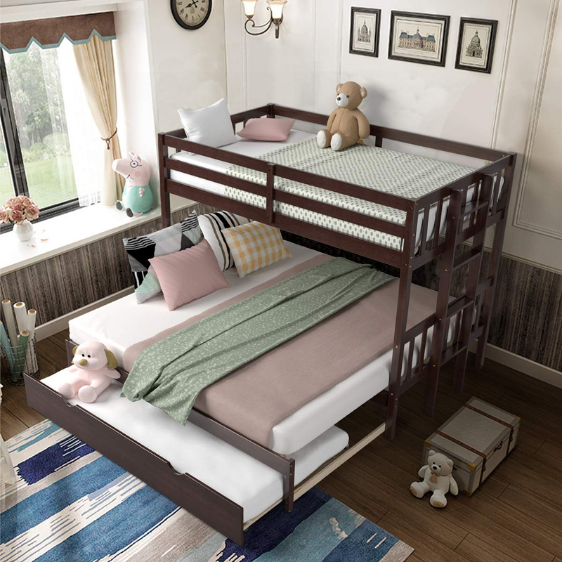 Over Pull-Out Bunk Bed with Trundle, Solid Wood Bunk Bed with Ladder