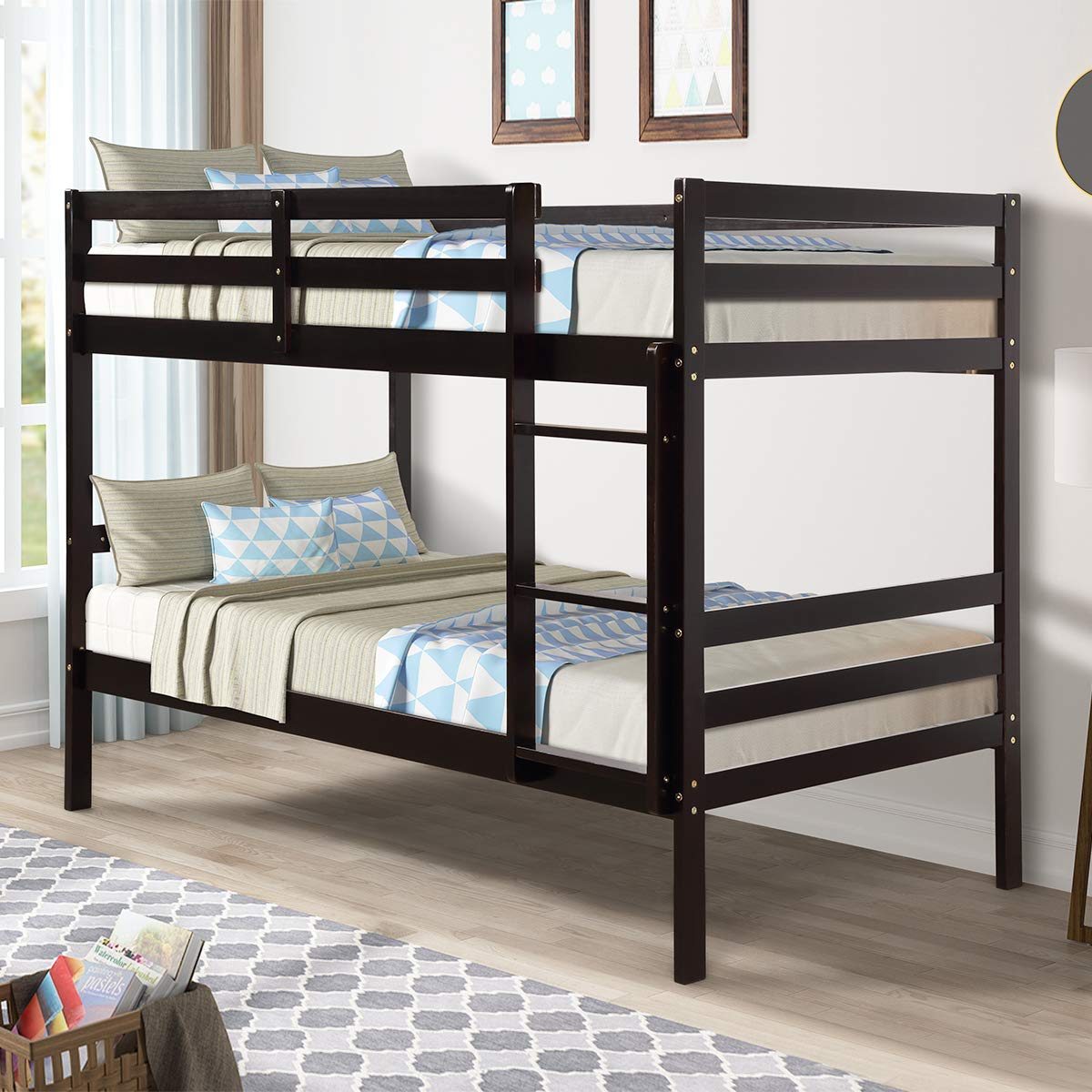 KOMFOTT Wooden Bunk Bed Twin Over Twin, Bunk Bed with Ladder & Safety Guardrail, Solid Wood Bed Frame