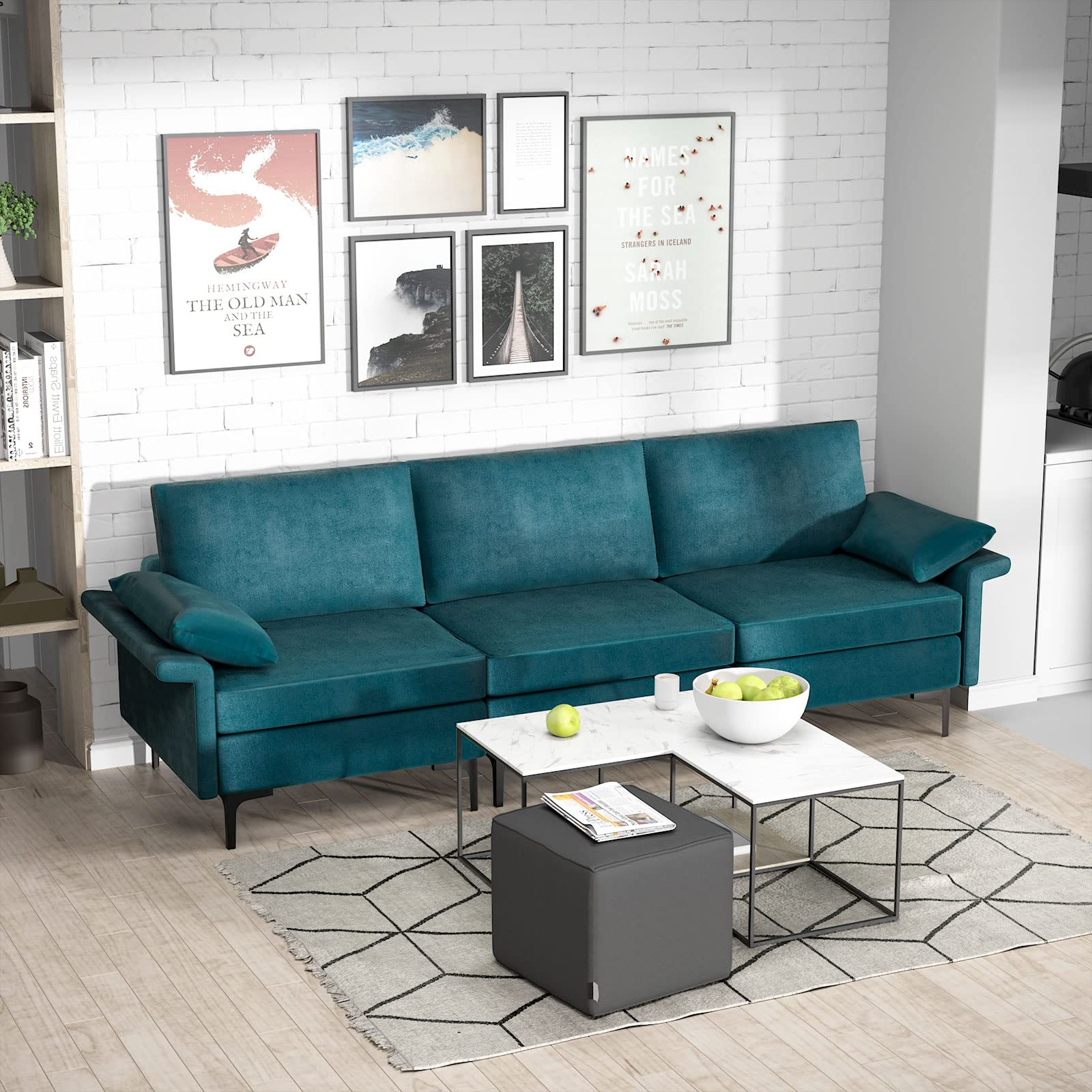 KOMFOTT 100.5 Inch Large Sectional Sofa, 3 Seat Couch with 3-Hole Outlet & 2 USB Ports