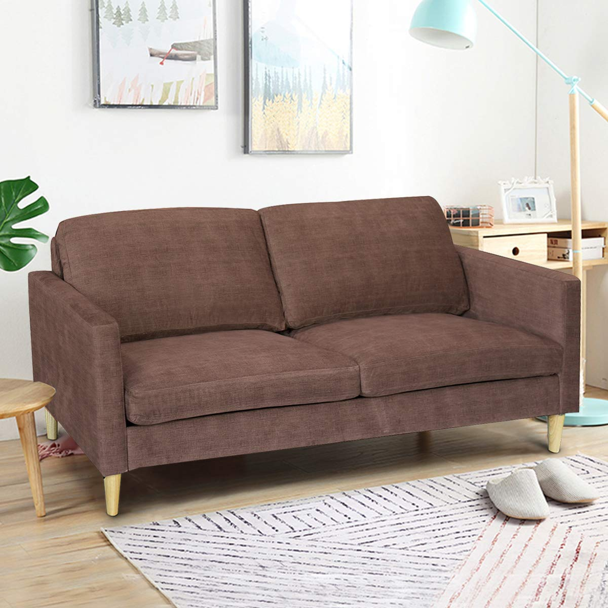 Modern Upholstered Fabric Accent Futon Sofa Bed w/Wood Leg and Armrest