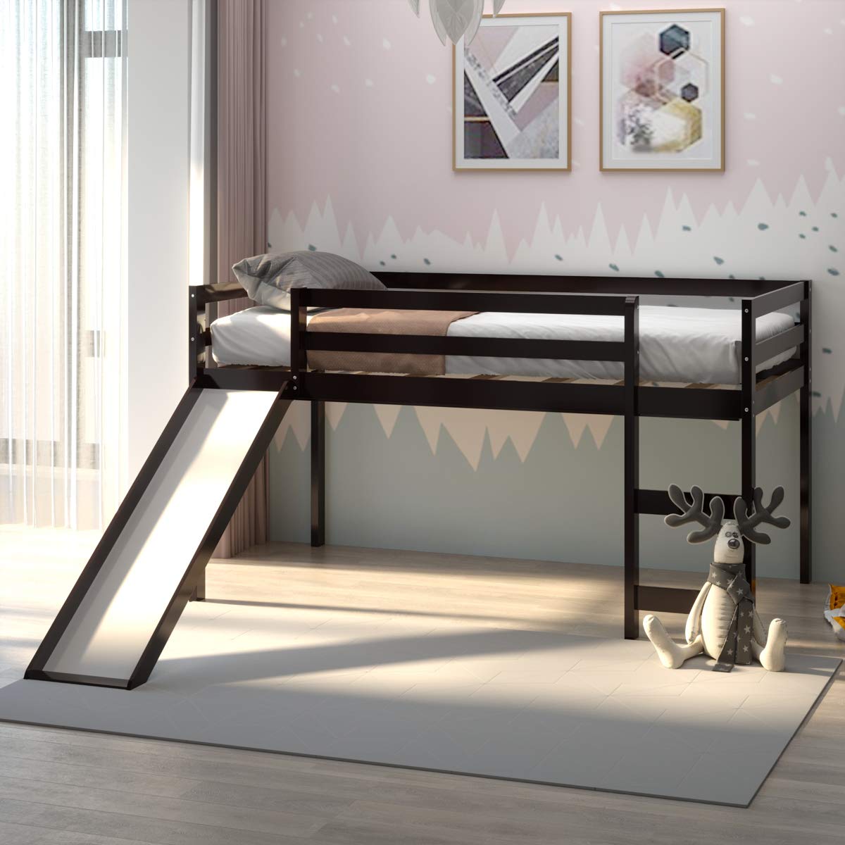 KOMFOTT Twin Loft Bed with Slide, Wood Low Loft Bed with Ladder & Guard Rail