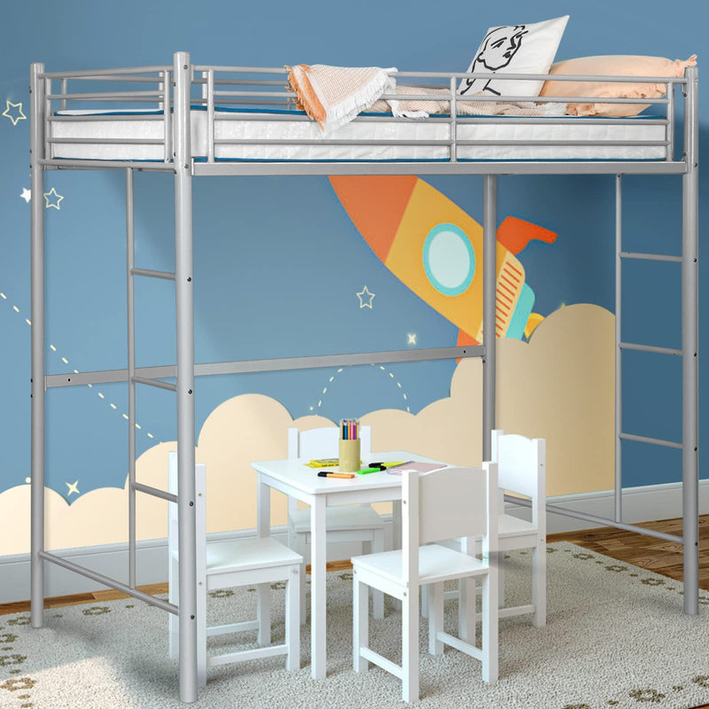 KOMFOTT Metal Loft Bed Frame Twin Size, Heavy-duty Steel Slats Support Loft Bed with Both Side Ladders & Guardrails
