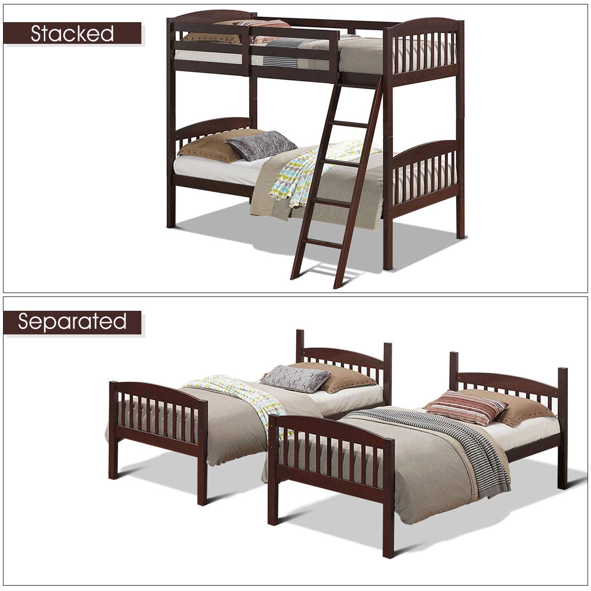 KOMFOTT Twin Over Twin Bunk Beds, Convertible Into Two Individual Solid Rubberwood Beds