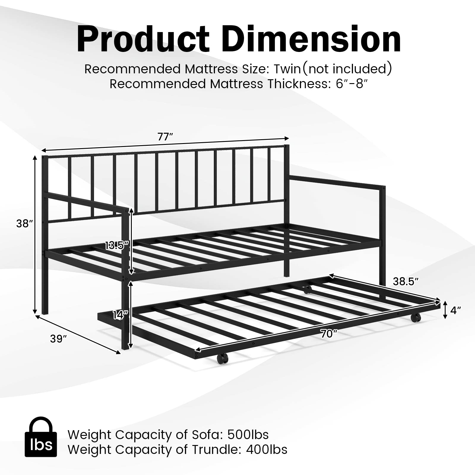 KOMFOTT Twin Metal Daybed with Trundle, Metal Slats Support Sofa Bed