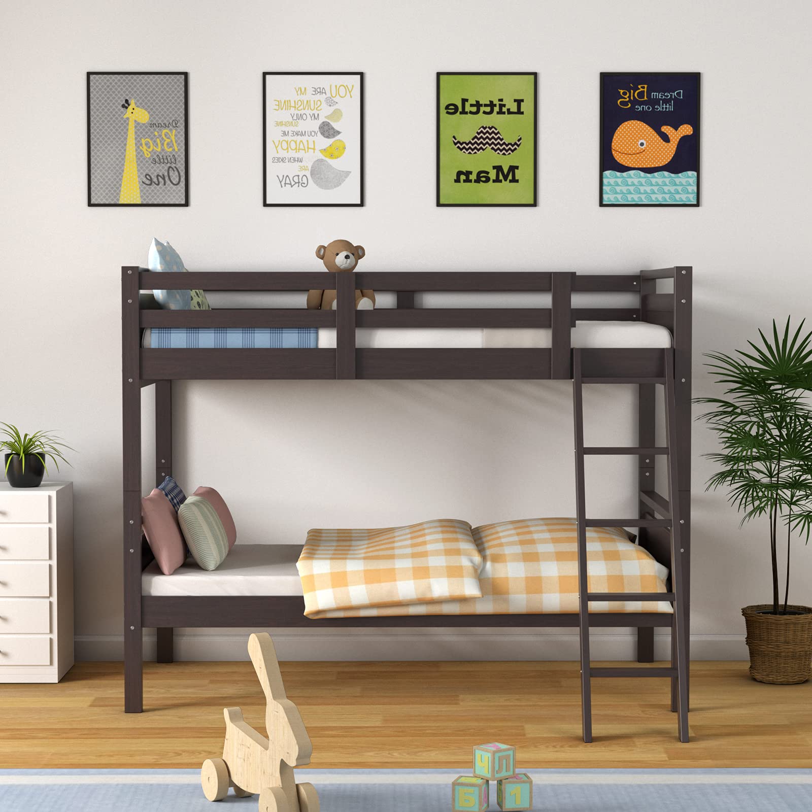 Solid Wood Twin Bunk Bed Convertible Into Two Individual Beds, for Boys Girls