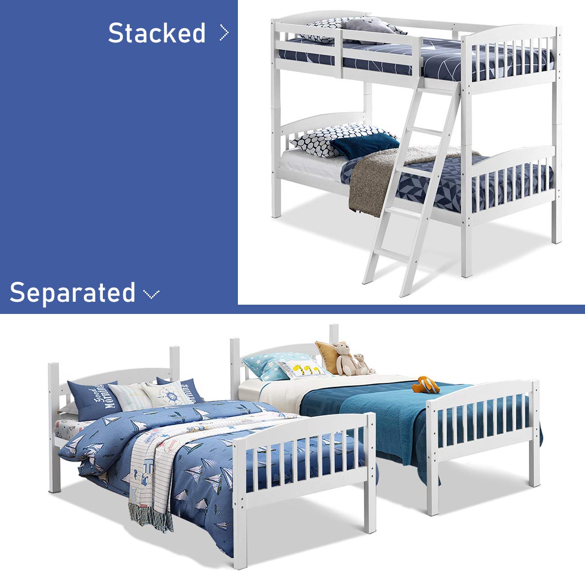 KOMFOTT Twin Over Twin Bunk Beds, Convertible Into Two Individual Solid Rubberwood Beds