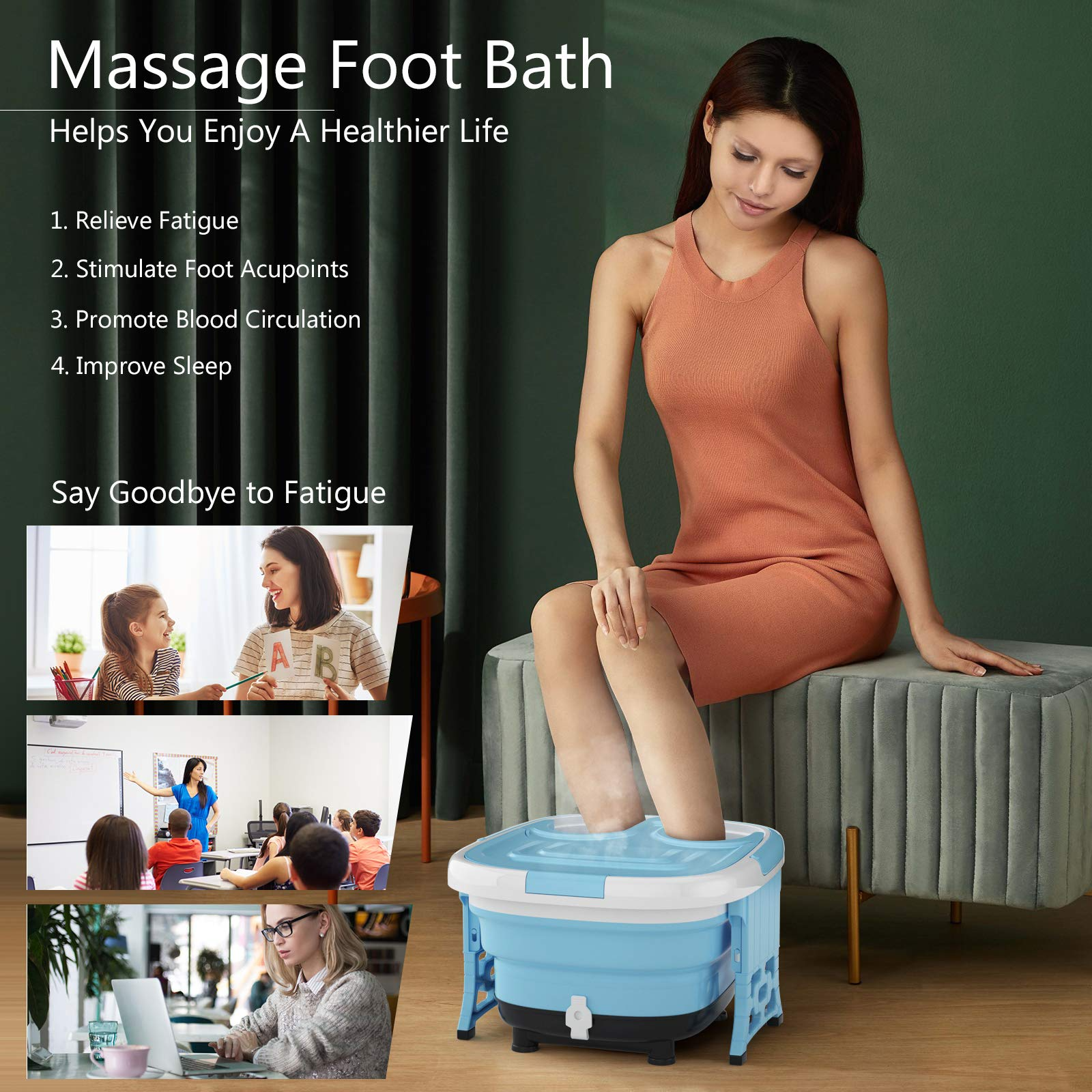 KOMFOTT Collapsible Foot Spa Bath Massager with Heat, Bubbles, 6 Motorized Shiatsu Rollers, Time & Temperature Settings, Folding Cover