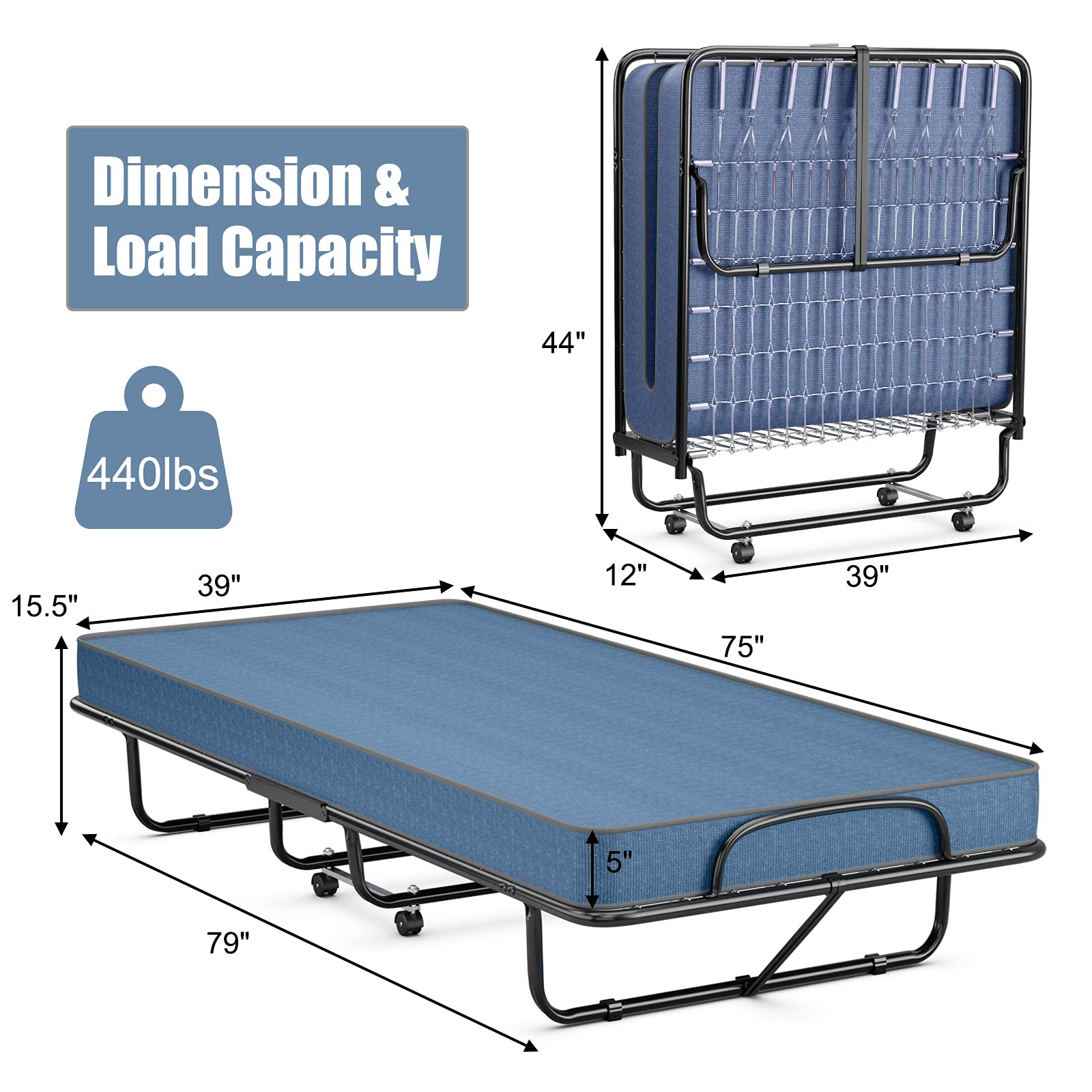 KOMFOTT Folding Guest Bed with Mattress,  Twin Size  Portable Rollaway Bed 5-Inch Memory Foam Mattress