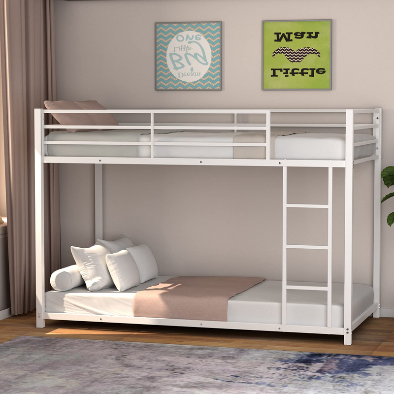 KOMFOTT Bunk Bed Twin Over Twin Metal Bed - Sturdy Steel Bed Frame with Stairs and Guard Rails Heavy Duty Space