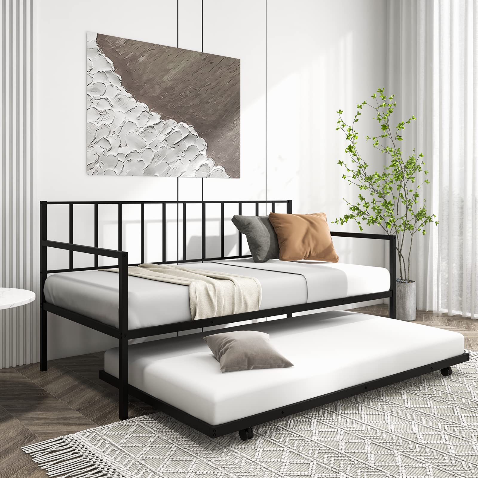 KOMFOTT Twin Metal Daybed with Trundle, Metal Slats Support Sofa Bed