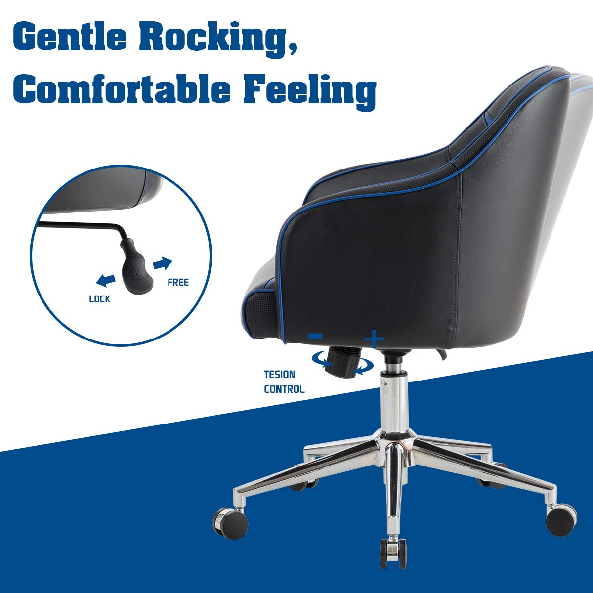 Komfott PU Leather Gaming Chair, Adjustable Height Mid-Back Armchair w/Massage Lumbar Pillow