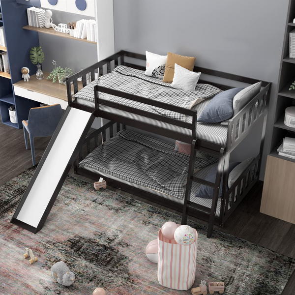 KOMFOTT Wood Bunk Bed Twin Over Twin, Bunk Bed Frame w/ Convertible Slide, Inclined Ladder & Safety Guardrails for Kids