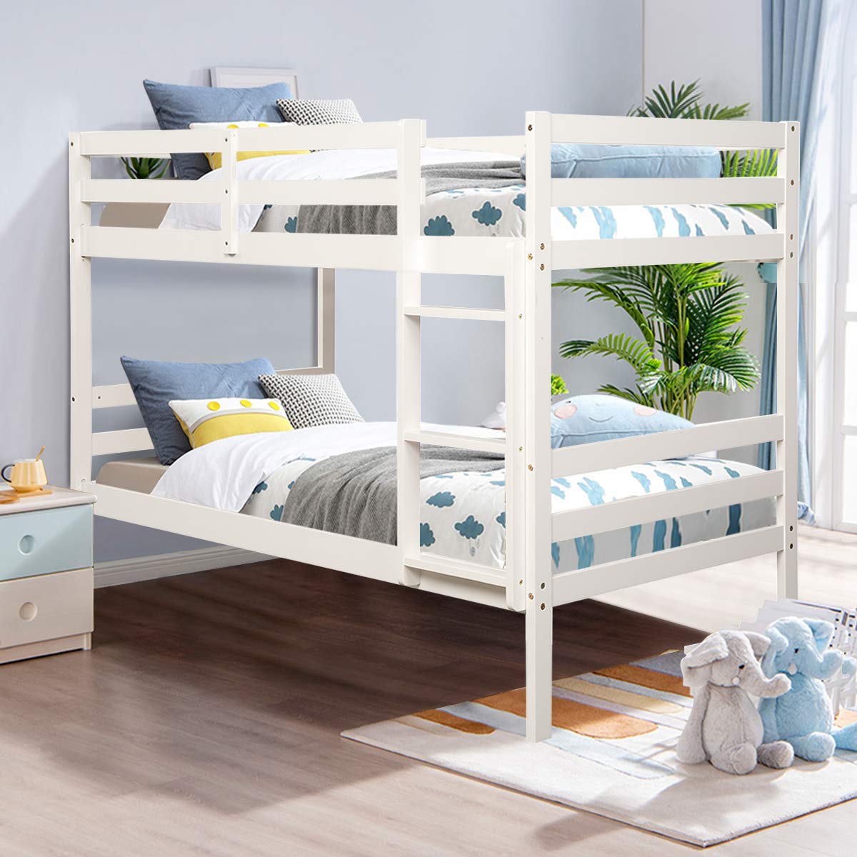 KOMFOTT Wood Bunk Bed Twin Over Twin with Ladder & Safety Guardrail