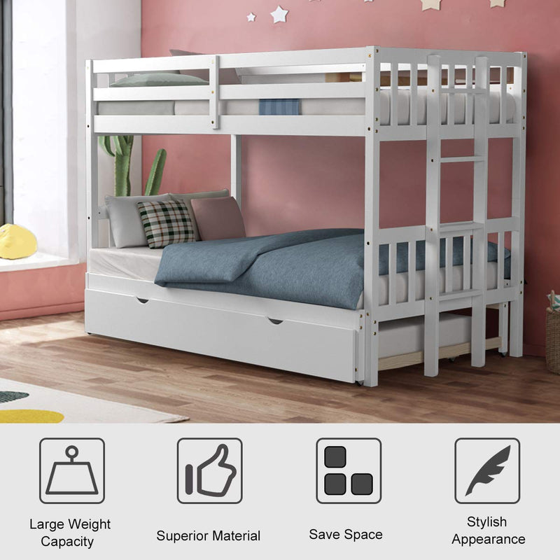 KOMFOTT Twin Over Pull-Out Bunk Bed with Trundle,  Solid Wood Bunk Bed with Ladder and Safety Rail