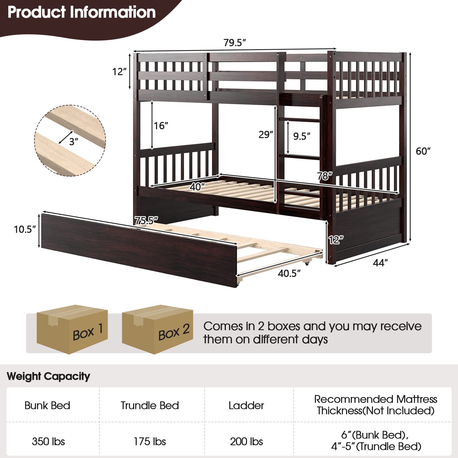 KOMFOTT Twin Over Twin Wood Bunk Bed with Trundle, Convertible Platform Bed Frame with Ladder & Solid Wood Frame