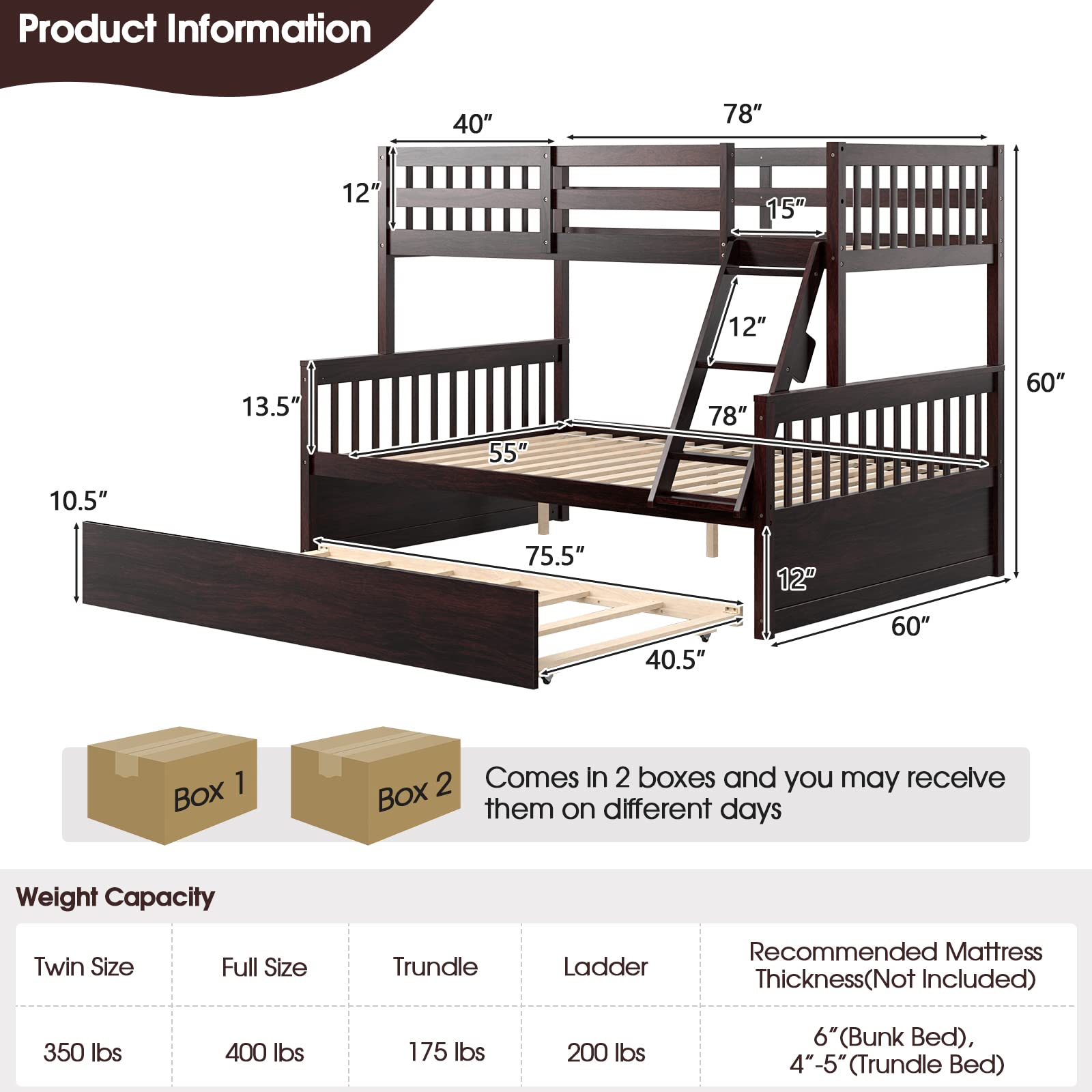 KOMFOTT Wood Twin Over Full Bunk Bed Frame with Solid Pine Wood Frame