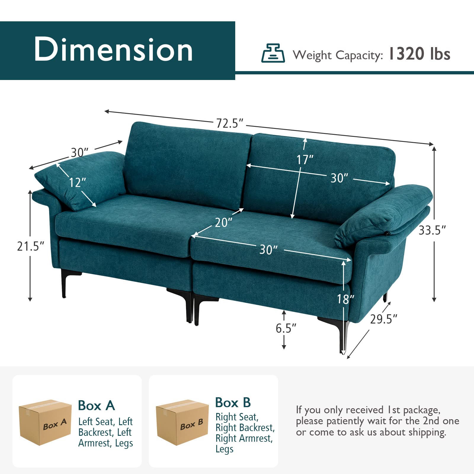 KOMFOTT 72.5" Loveseat Sofa Couch, Modern Love Seat with Removable Armrest Pillows