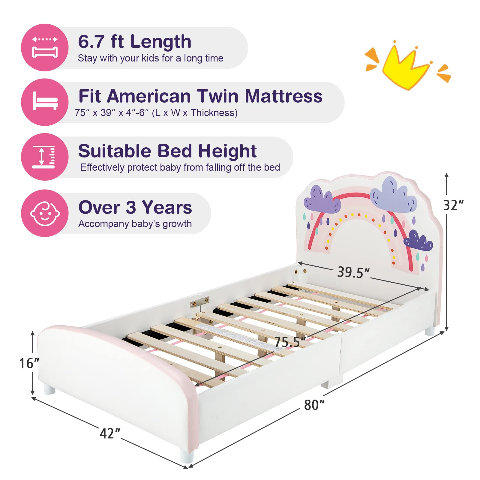 KOMFOTT Kids Bed, Toddler Upholstered Platform Floor Bed w/Headboard & Wooden Slat Base