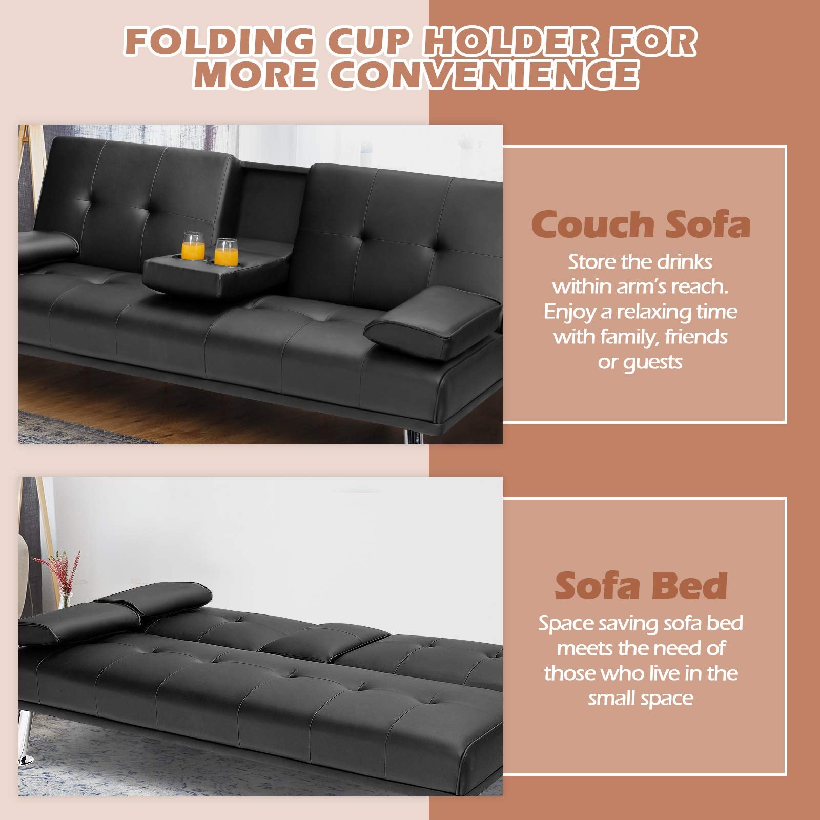 KOMFOTT Leather Convertible Futon Sofa Bed with Removable Armrests and 2 Cup Holders