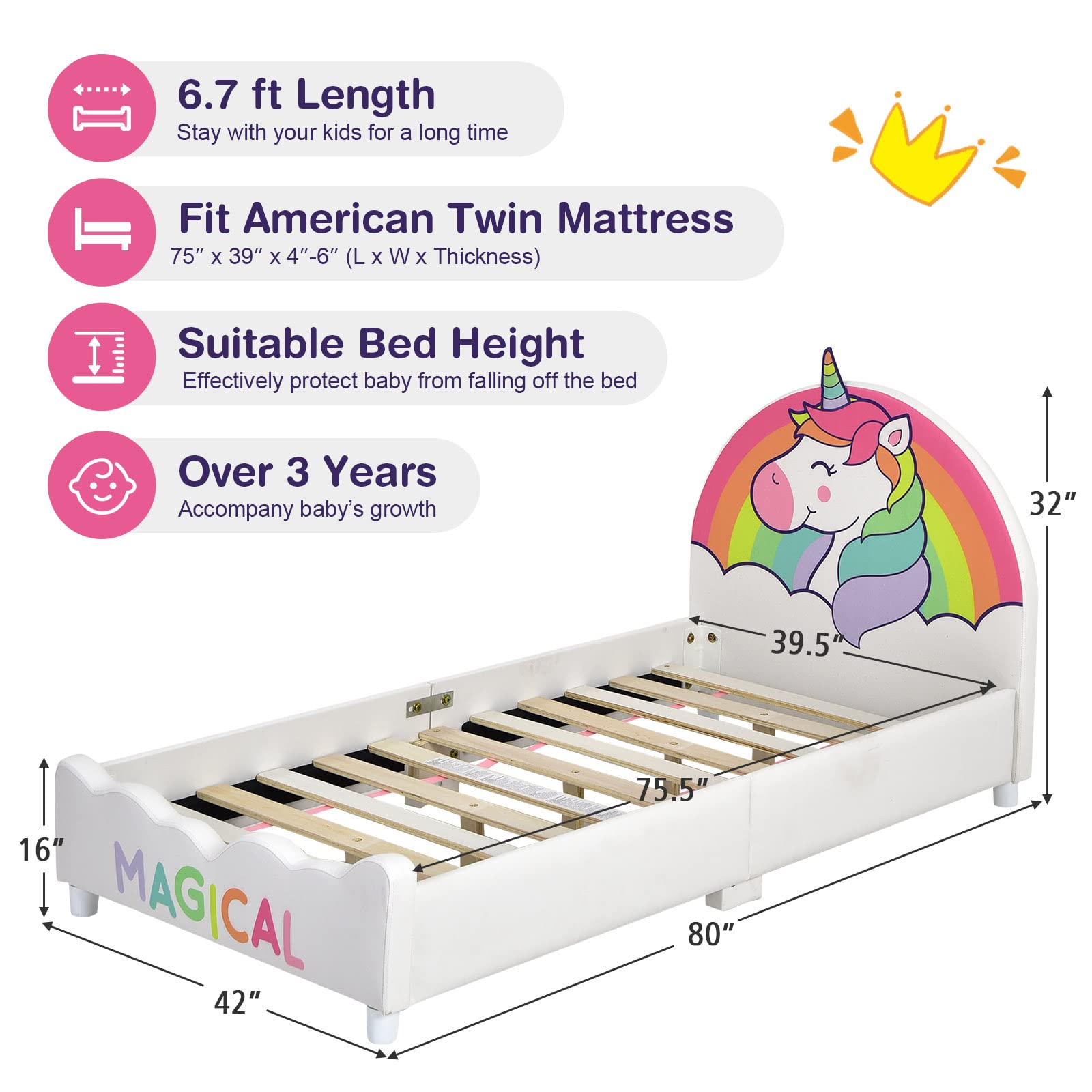 KOMFOTT Kids Bed, Toddler Upholstered Platform Floor Bed w/Headboard & Wooden Slat Base