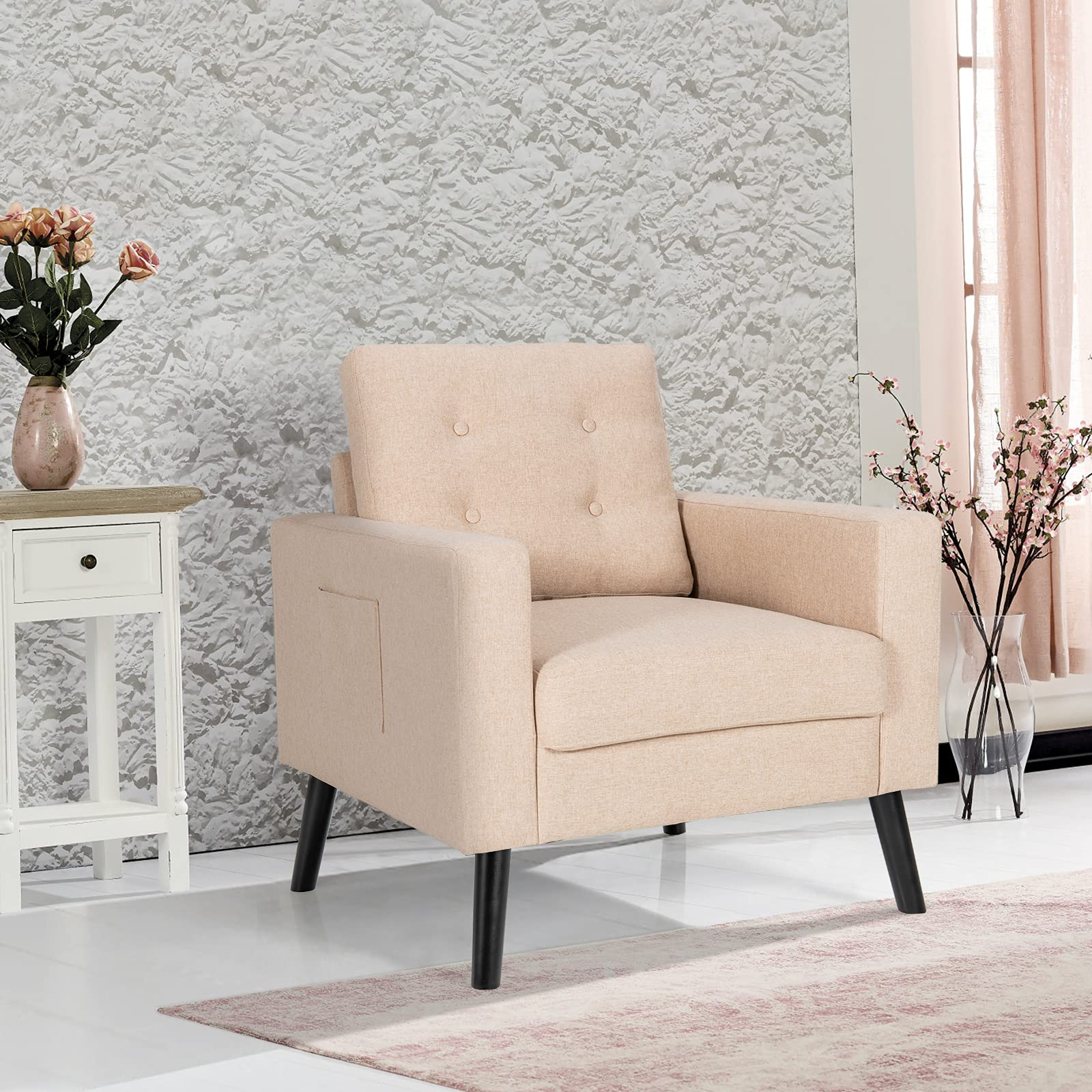 KOMFOTT Linen Fabric Armchairs with Side Pockets and Wood Legs | Modern Accent Chair