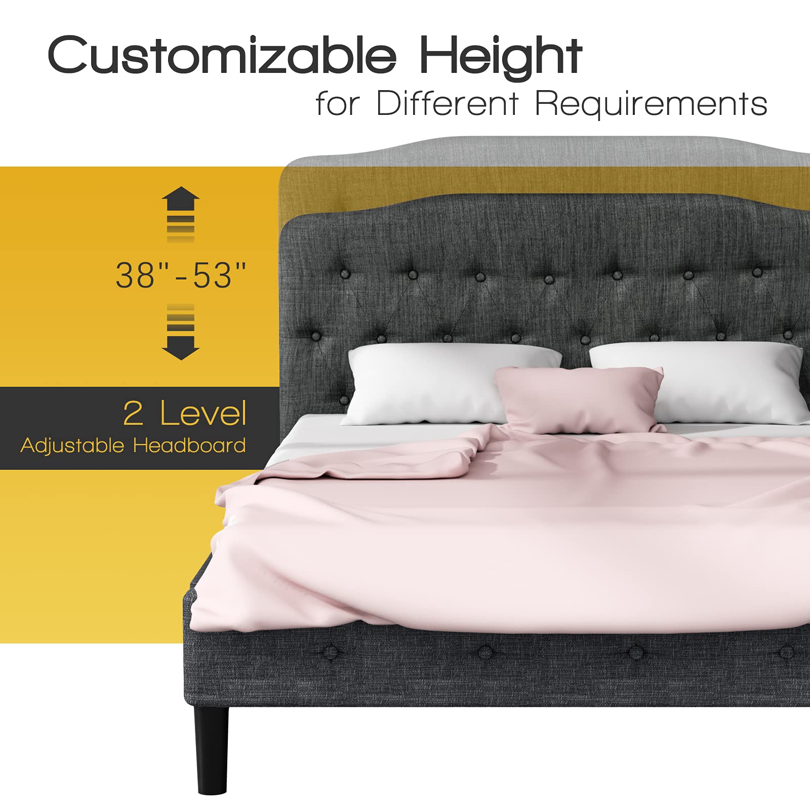 KOMFOTT Upholstered Headboard, Adjustable Height from 38" to 53" Platform