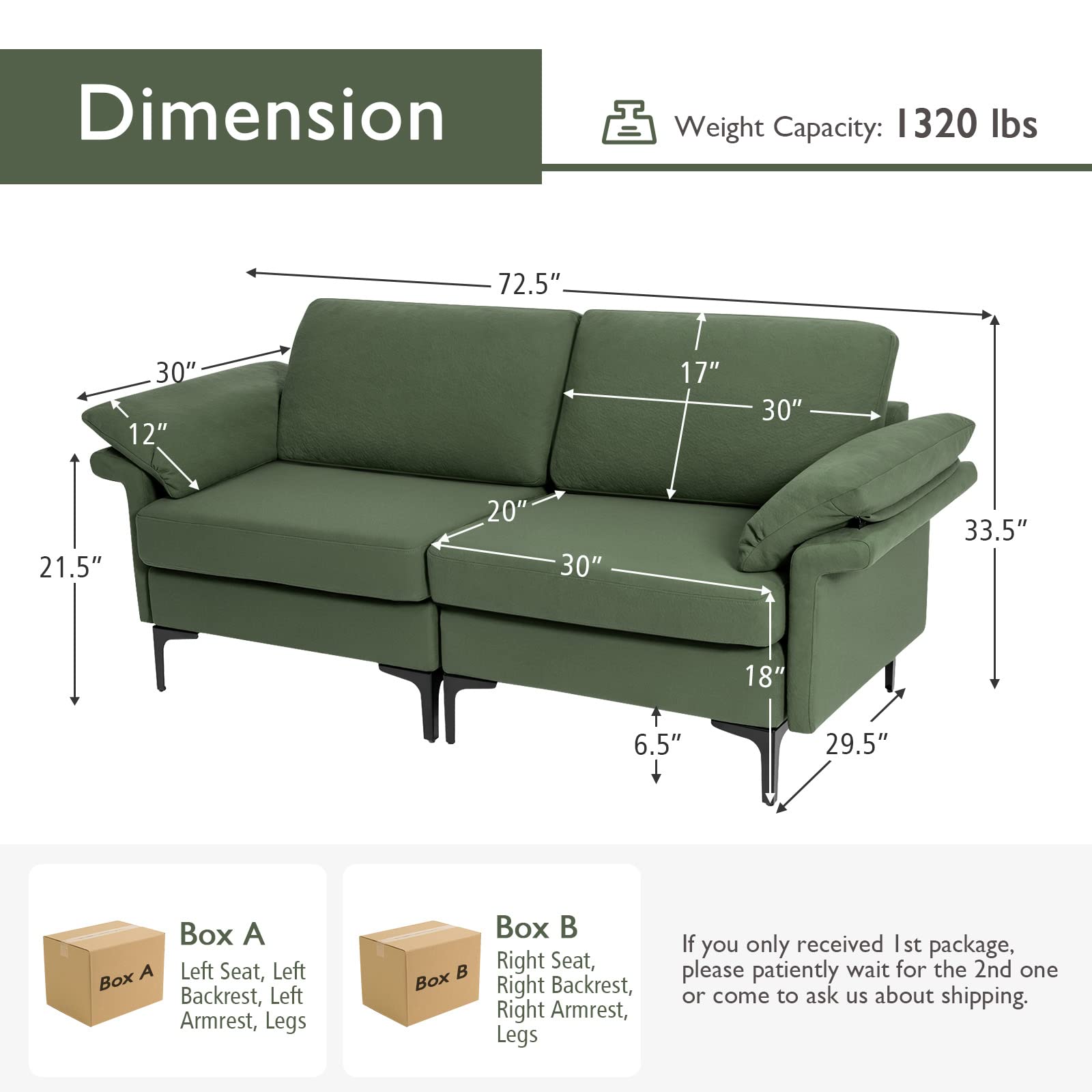 KOMFOTT 72.5" Loveseat Sofa Couch, Modern Love Seat with Removable Armrest Pillows